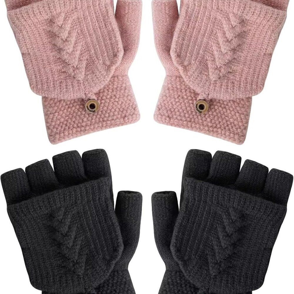 Womens Winter Gloves 2 Pack Acrylic Knit Fingerless Gloves with Mittens